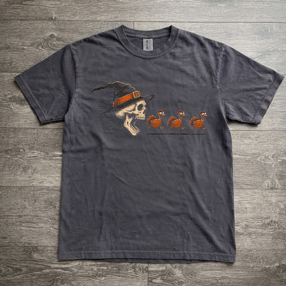 Halloween Witch Hat Skull Chasing Turkeys Thanksgiving Charcoal T-Shirt